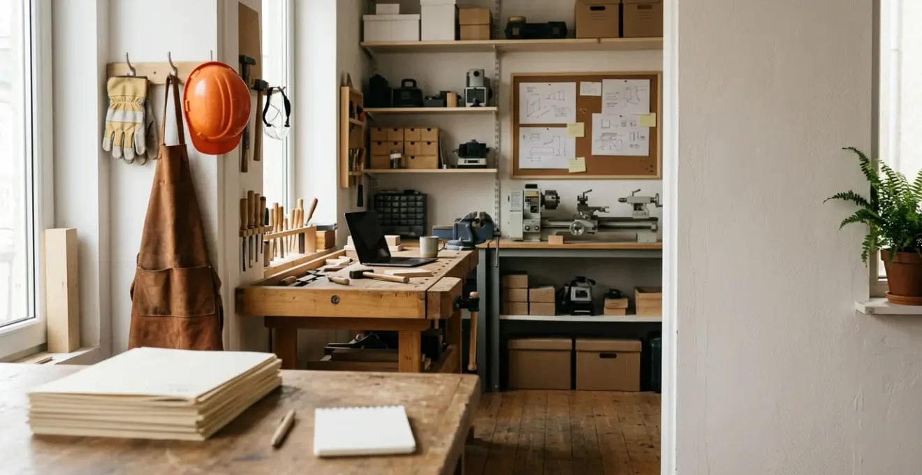 Plan de travail professionnel avec documents d'assurance et équipements d'artisan en arrière-plan