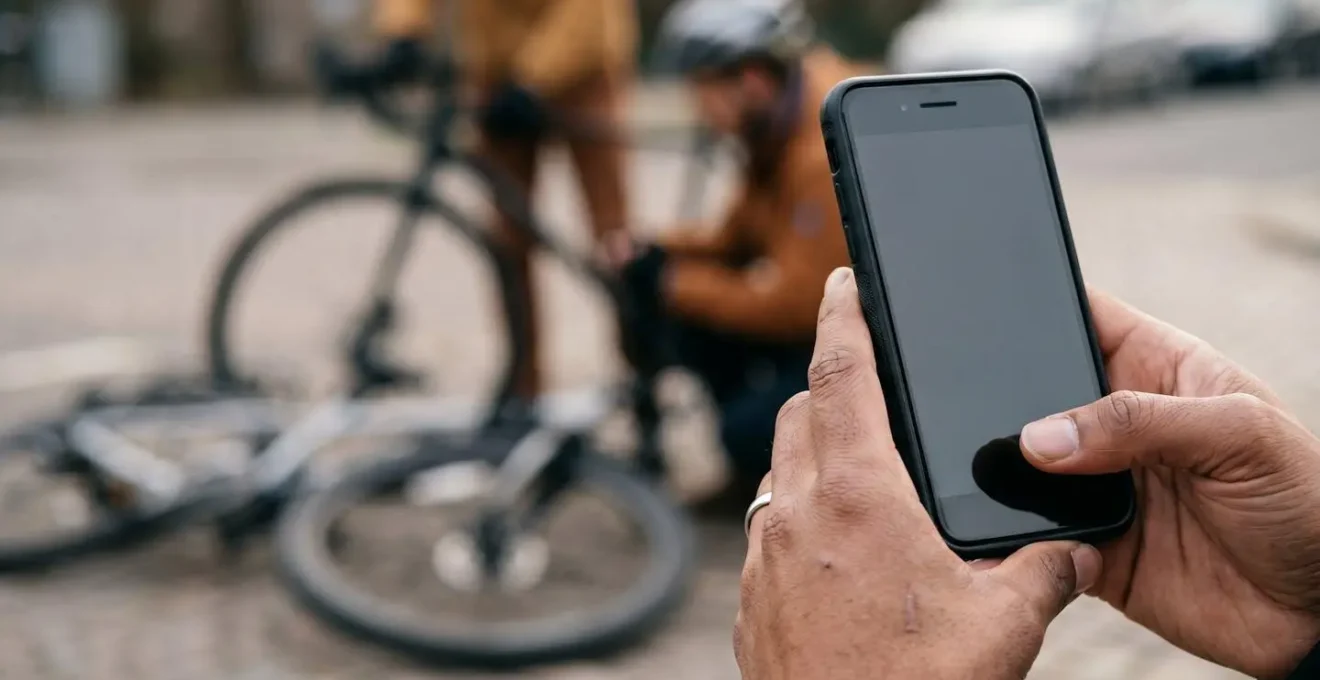 Mains tenant un smartphone pour photographier une scène d'accident en milieu urbain avec vélo visible