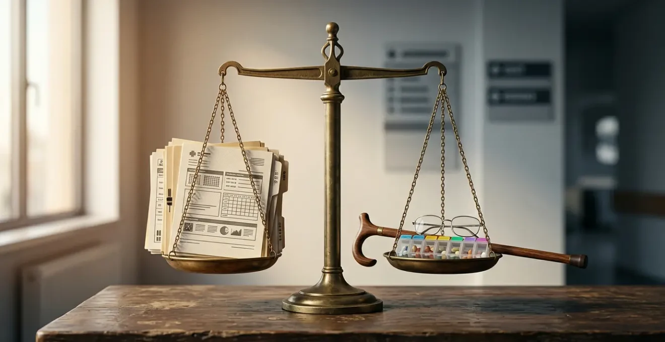 Scene symbolisant la contestation administrative pour les droits des personnes agees en perte d'autonomie