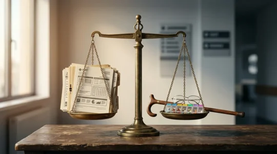 Scene symbolisant la contestation administrative pour les droits des personnes agees en perte d'autonomie