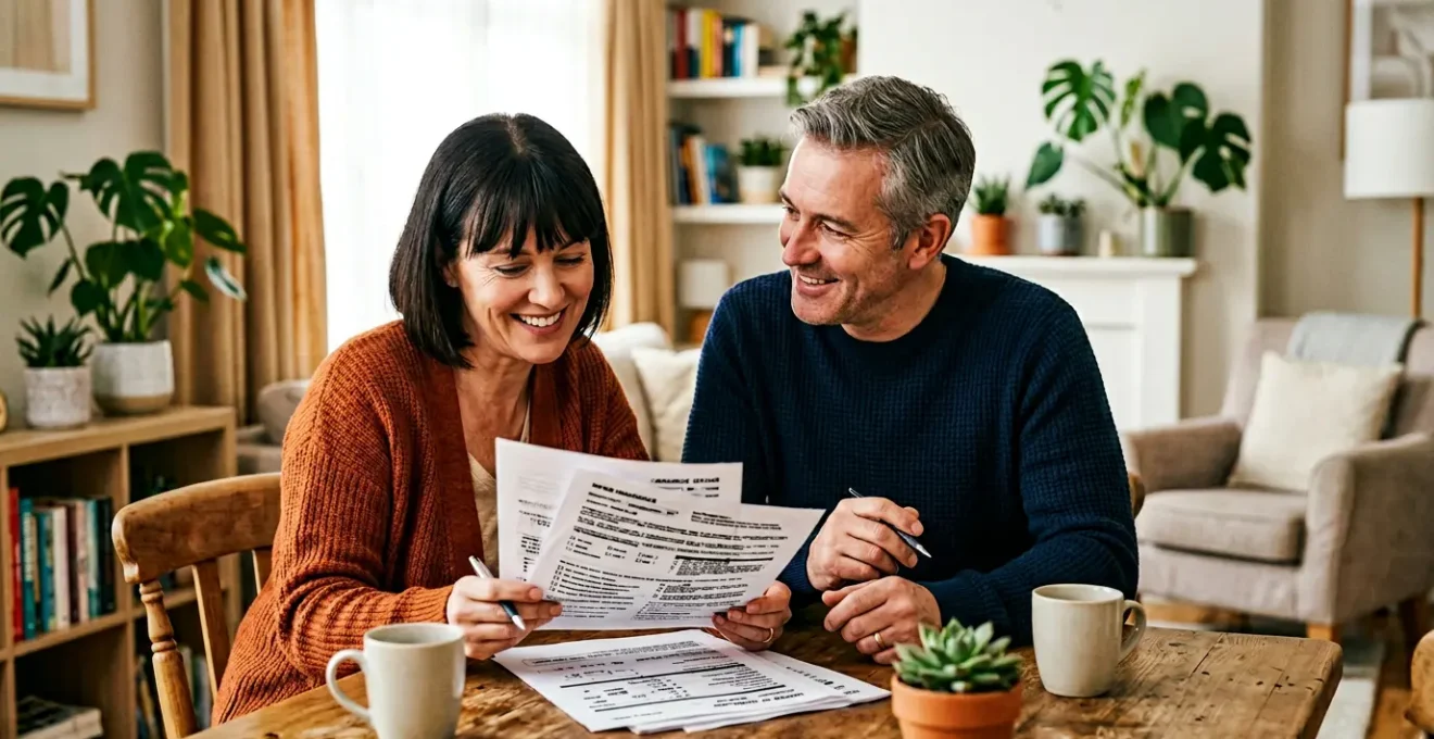 Couple consultant des documents d'assurance emprunteur pour leur projet immobilier malgré un profil médical complexe