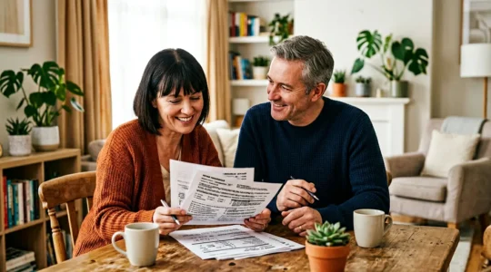 Couple consultant des documents d'assurance emprunteur pour leur projet immobilier malgré un profil médical complexe