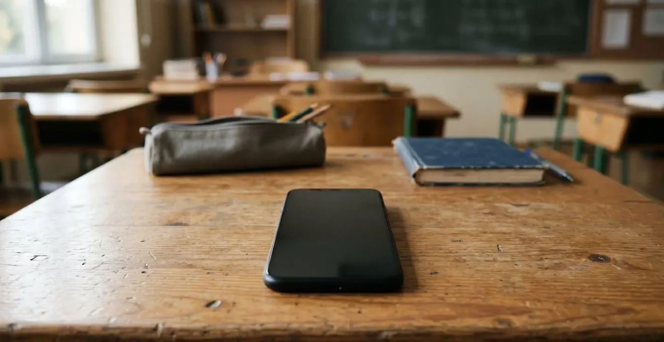 Smartphone posé sur une table d'école avec écran éteint reflétant la lumière naturelle, carnet de notes et trousse en arrière-plan flou