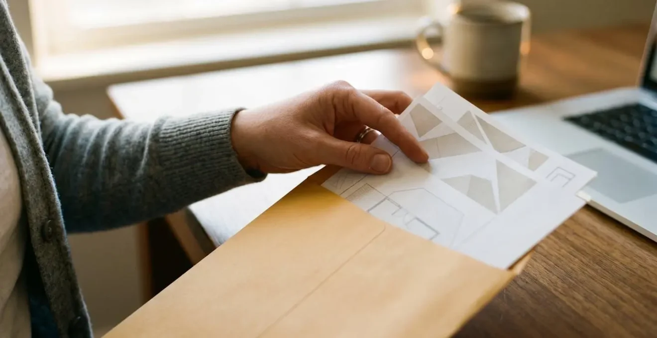 Main plaçant une facture de travaux dans une enveloppe recommandée sur un bureau