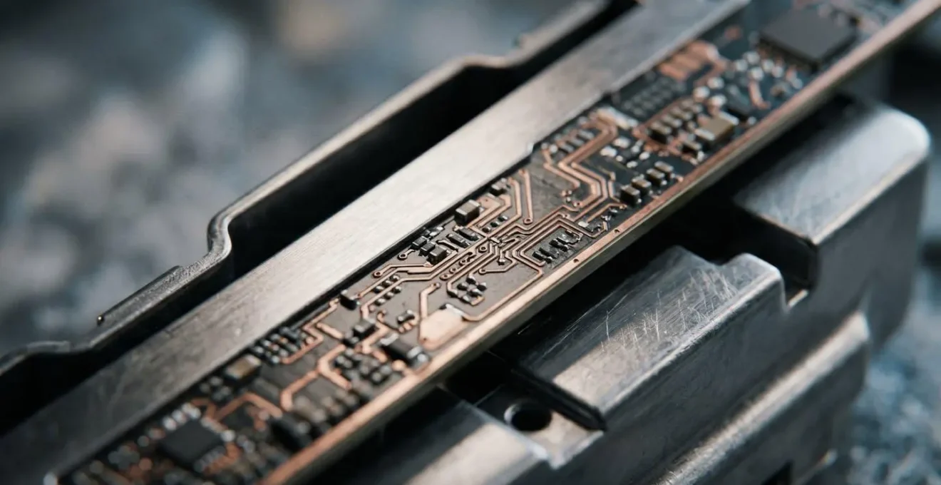 Gros plan macro sur un dispositif électronique de sécurité automobile montrant des textures métalliques et des détails techniques