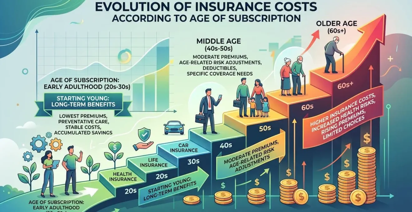Représentation visuelle de l'évolution des coûts d'assurance selon l'âge de souscription avec des marches symbolisant les années.