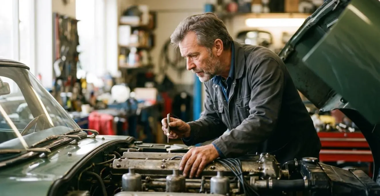Expert automobile examinant details techniques vehicule collection dans atelier specialise