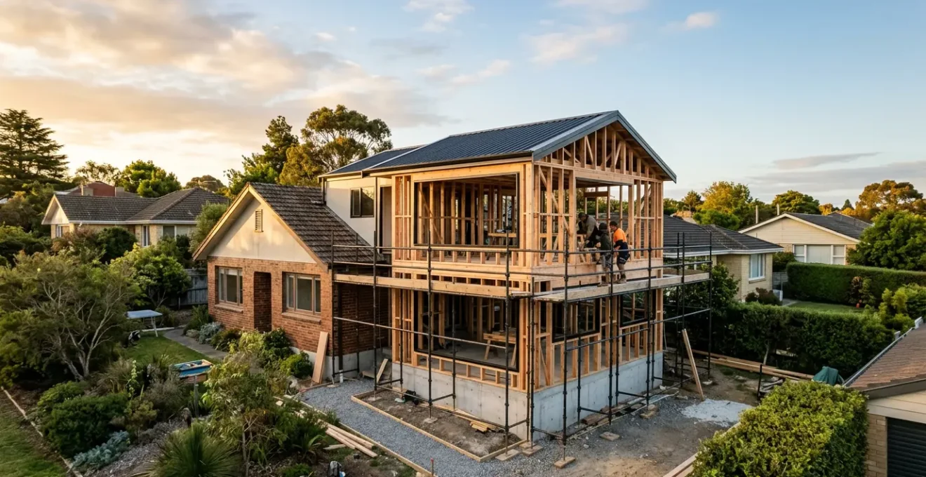 Vue d'ensemble d'une extension de maison moderne en construction avec echafaudages et materiaux