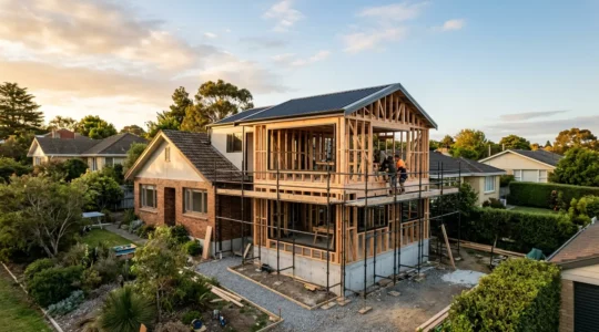 Vue d'ensemble d'une extension de maison moderne en construction avec echafaudages et materiaux