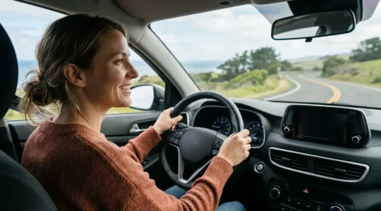 Voyageur au volant d'une voiture de location avec documents d'assurance, symbolisant la protection lors d'un voyage à l'étranger