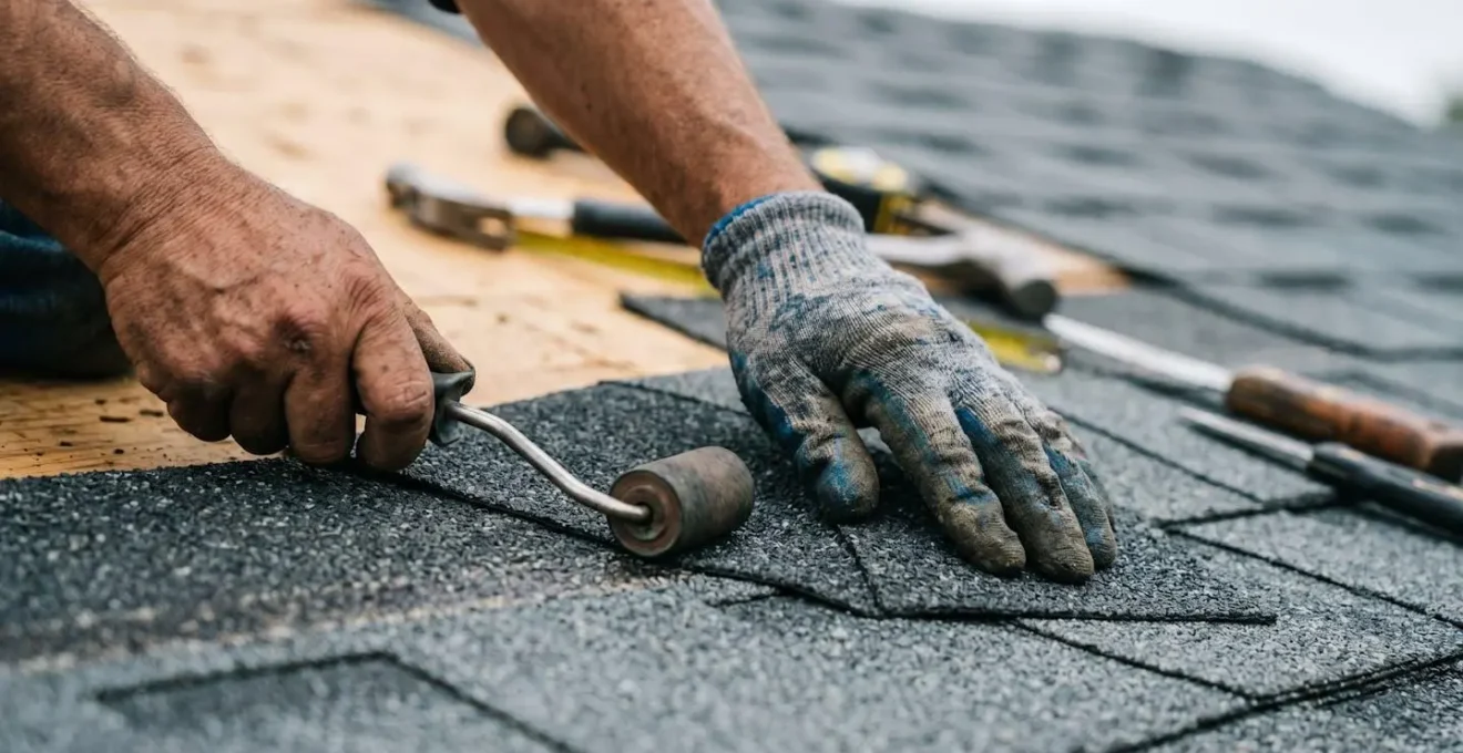 Mains d'artisan professionnel installant un élément de toiture avec outils spécialisés