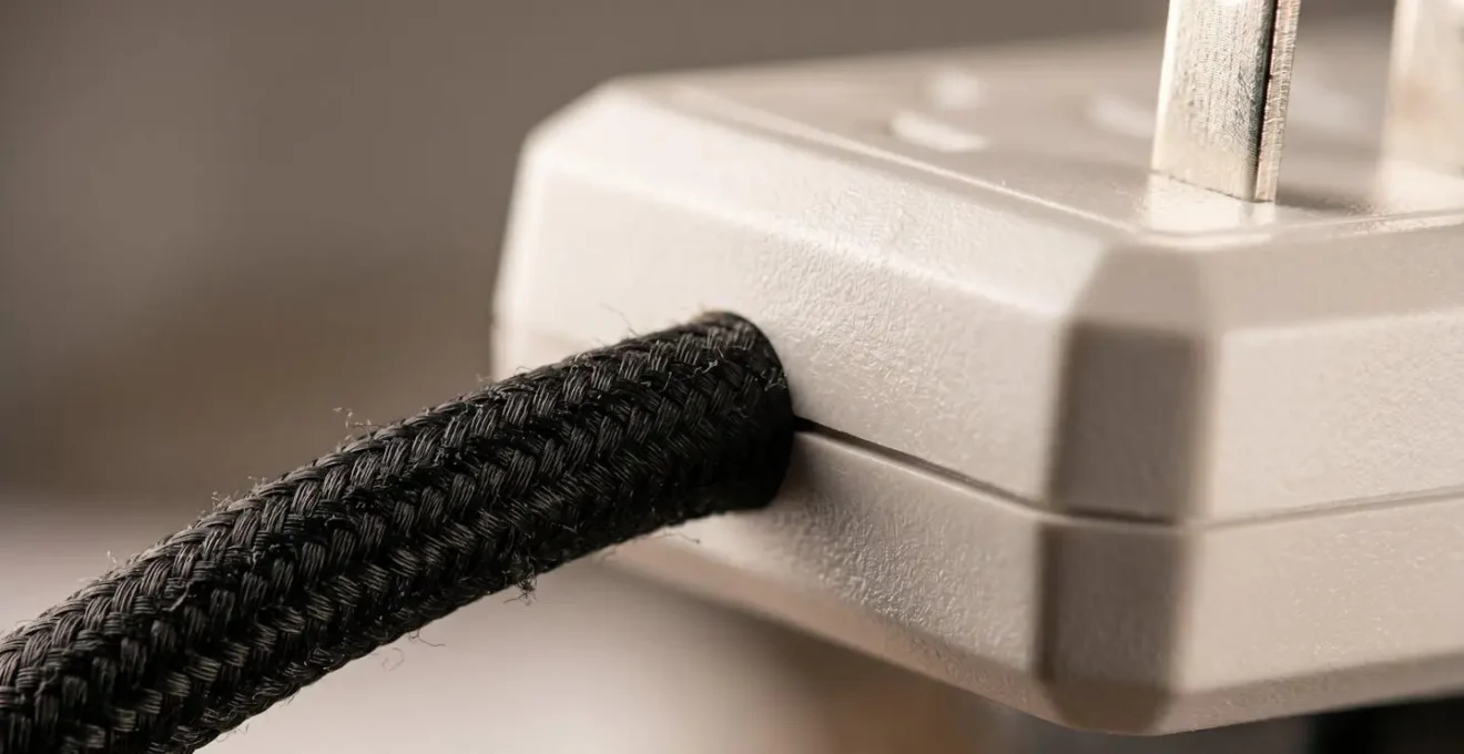 Détail macro d'équipements électroniques et composants de protection électrique dans un environnement domestique