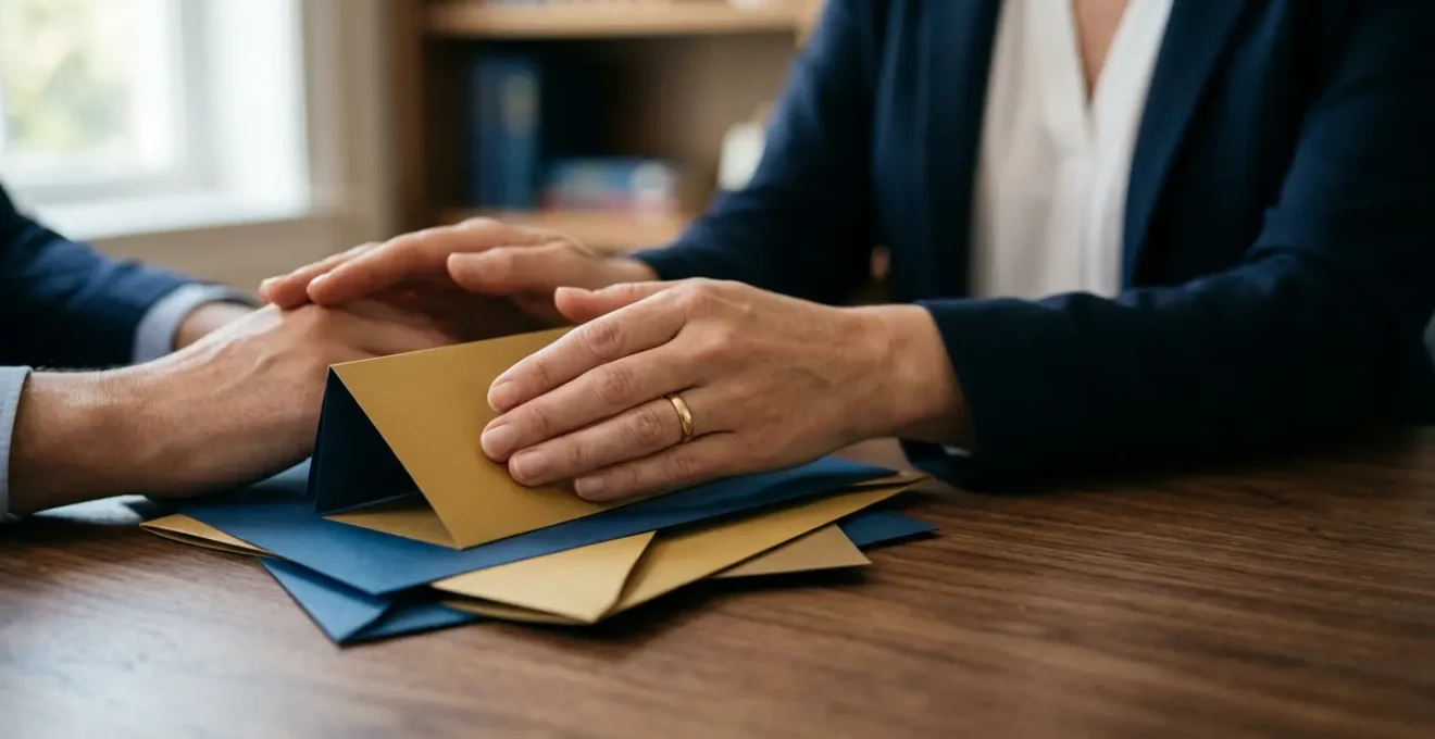 Scène symbolisant la sécurité financière et la protection contre la dépendance avec documents administratifs et élément de garantie