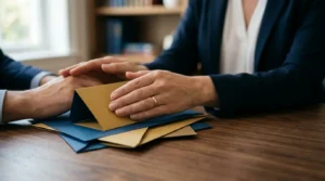 Scène symbolisant la sécurité financière et la protection contre la dépendance avec documents administratifs et élément de garantie