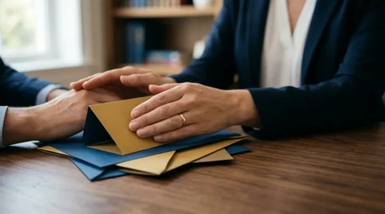 Scène symbolisant la sécurité financière et la protection contre la dépendance avec documents administratifs et élément de garantie