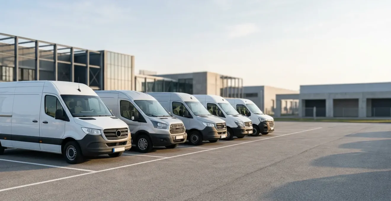 Vue d'ensemble d'un parc de véhicules utilitaires professionnels illustrant la gestion de flotte automobile