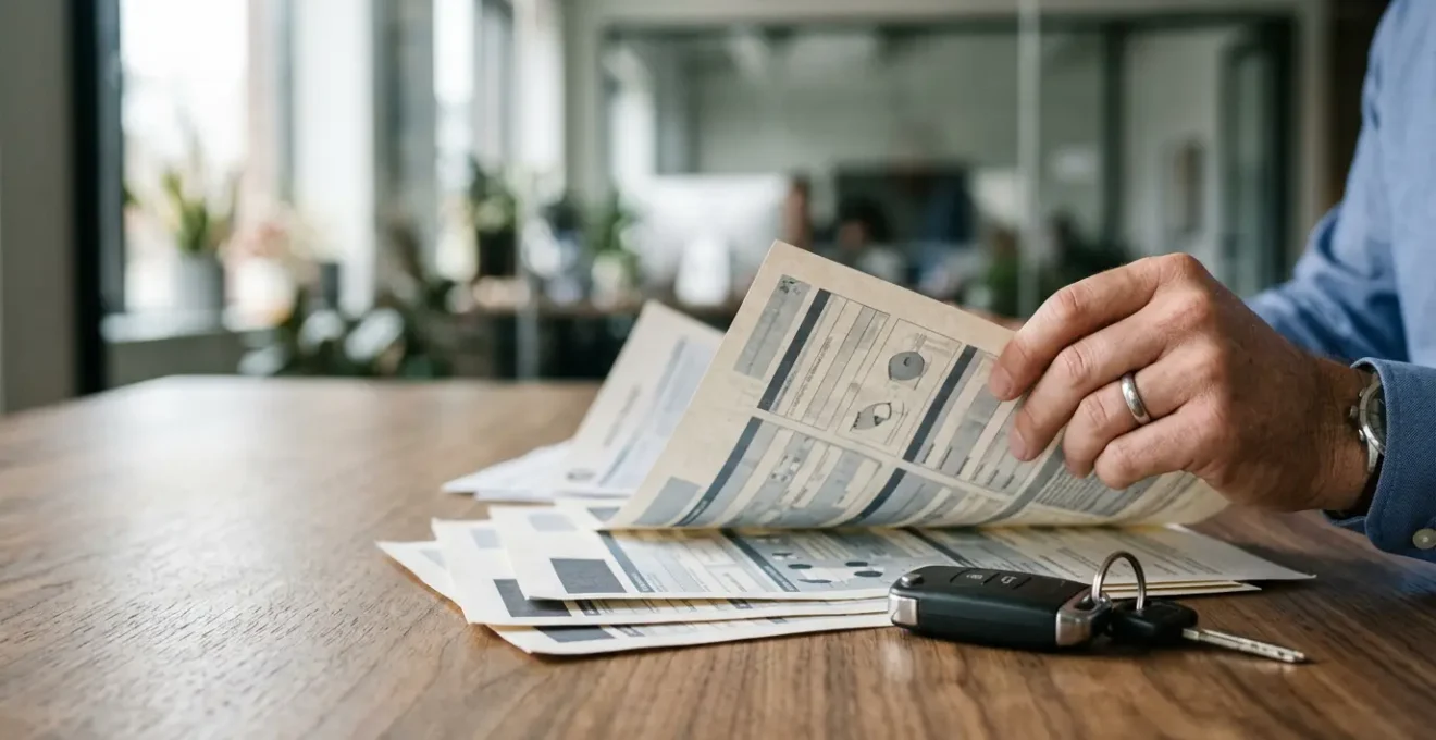 Gestionnaire examinant un dossier d'assurance automobile professionnel avec des documents de sinistre
