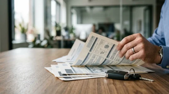 Gestionnaire examinant un dossier d'assurance automobile professionnel avec des documents de sinistre