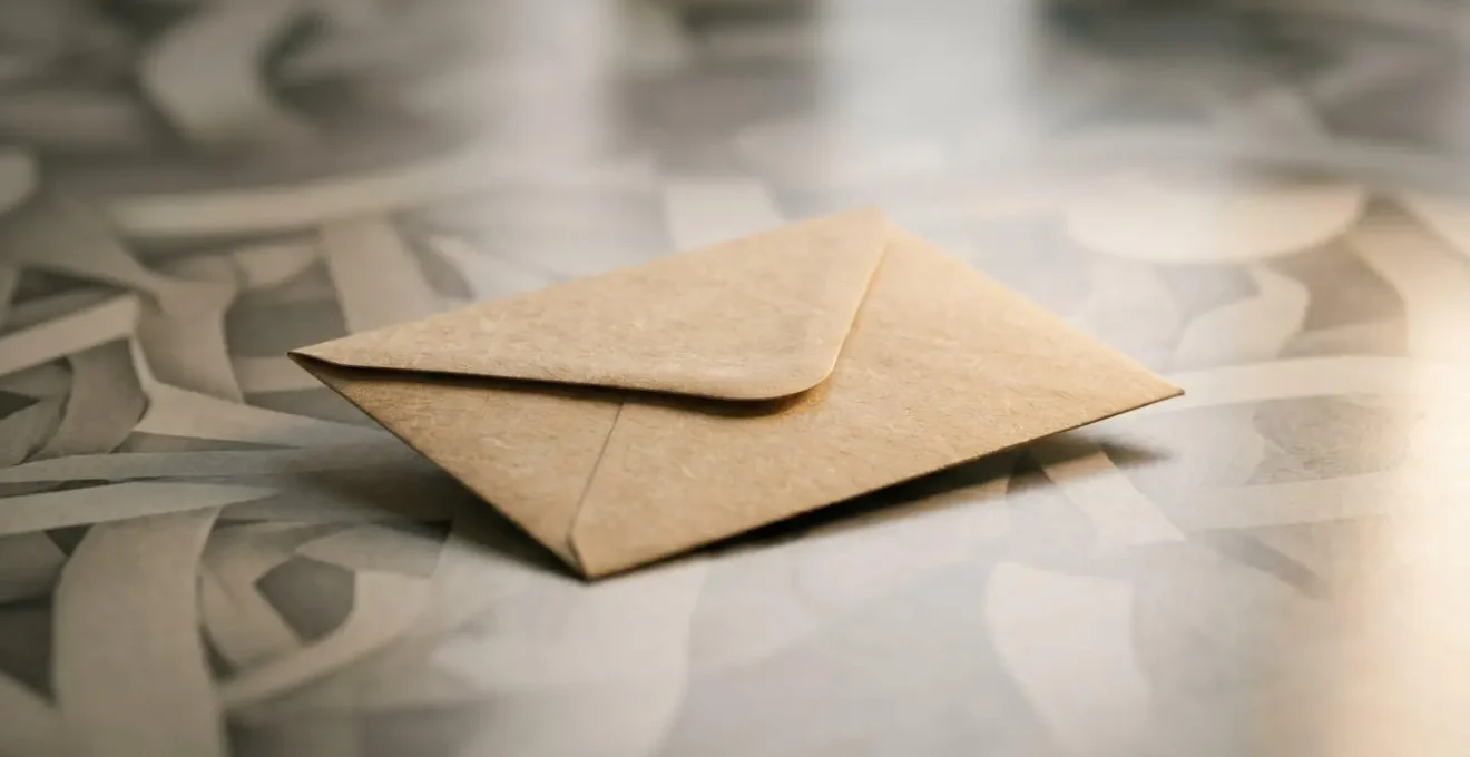 Vue symbolique d'une enveloppe fermée posée sur un bureau avec une lumière naturelle douce