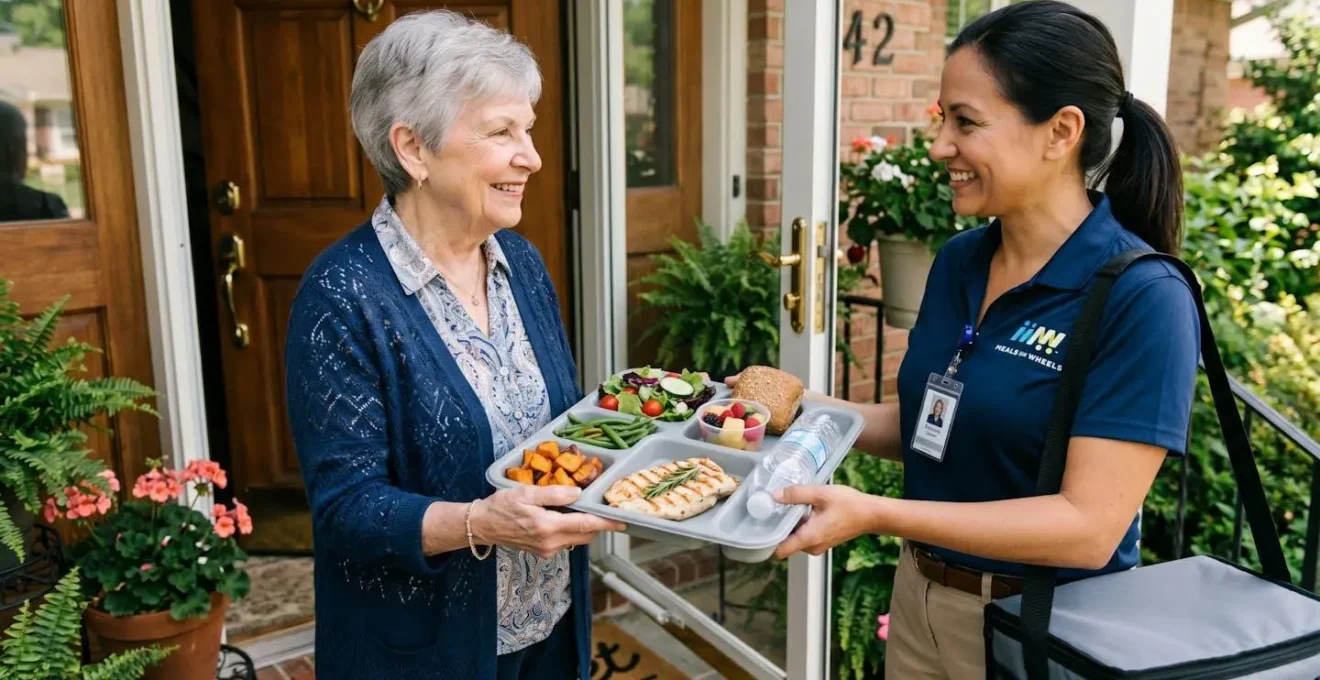 Plateau repas équilibré livré à domicile, symbolisant la nutrition et l'autonomie des seniors