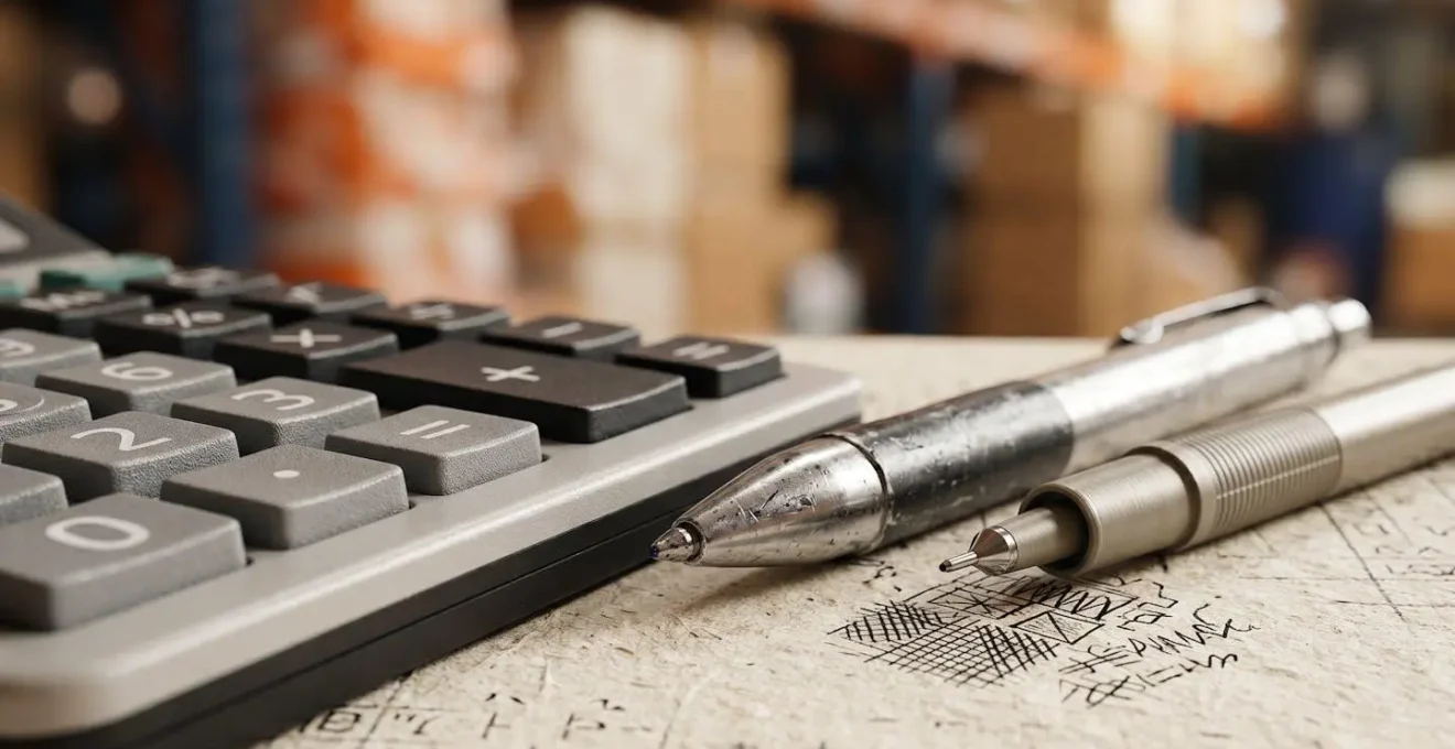 Gros plan sur un inventaire de stock professionnel avec calculatrice et documents comptables