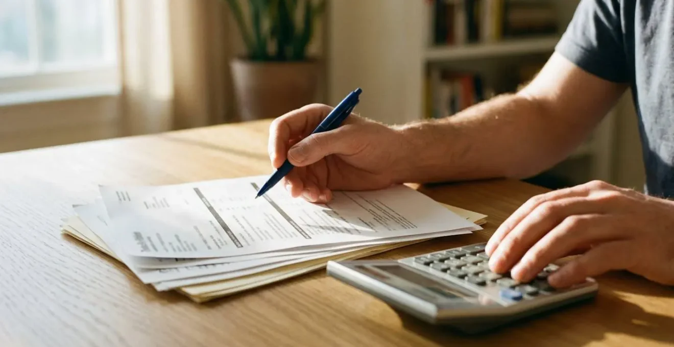 Personne examinant attentivement des documents d'assurance avec une calculatrice sur un bureau organisé