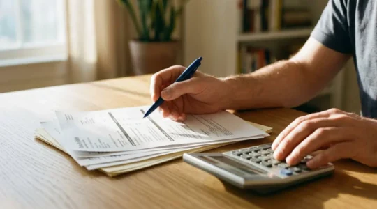 Personne examinant attentivement des documents d'assurance avec une calculatrice sur un bureau organisé