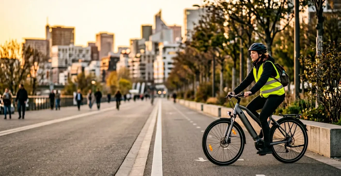 Cycliste urbain en mouvement sur vélo électrique avec équipements de sécurité sur piste cyclable