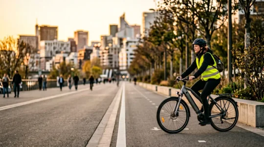 Cycliste urbain en mouvement sur vélo électrique avec équipements de sécurité sur piste cyclable