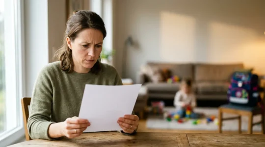 Parent inquiet consultant un document d'assurance tandis qu'un enfant joue en arrière-plan dans un environnement scolaire lumineux