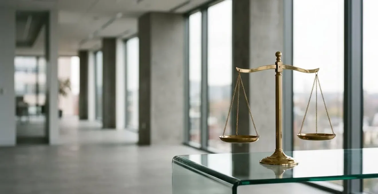 Représentation symbolique de la responsabilité juridique dans un environnement professionnel avec balance de justice