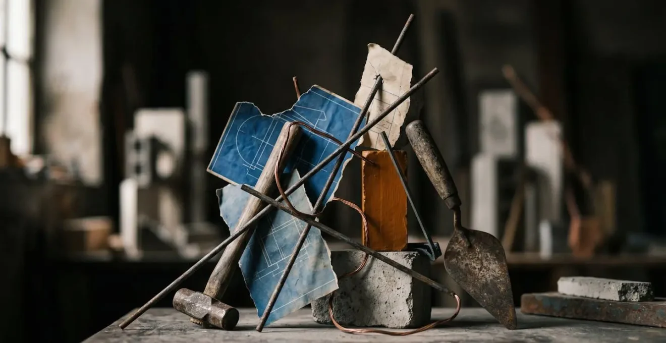 Composition symbolique representant la complexite des responsabilites multiples dans un chantier de construction