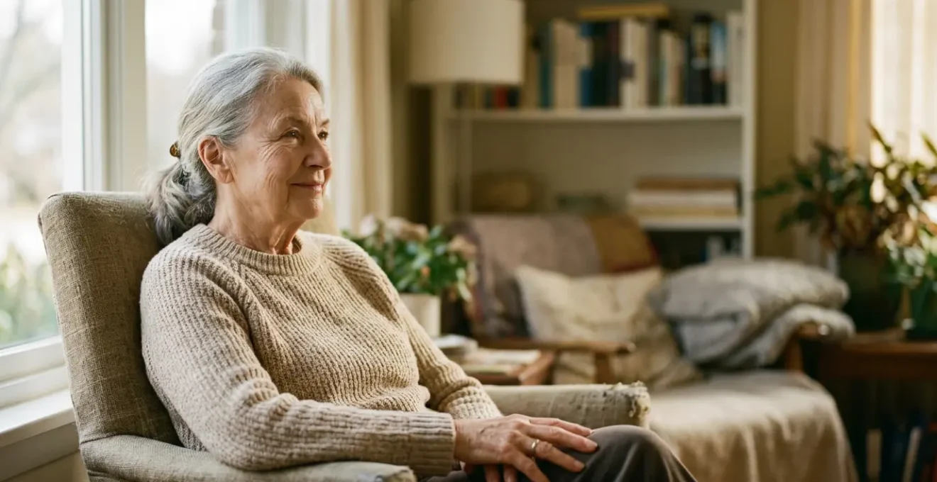 Personne senior en contemplation sereine symbolisant la sécurité financière et la tranquillité d'esprit à la retraite grâce à un revenu garanti à vie