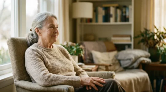 Personne senior en contemplation sereine symbolisant la sécurité financière et la tranquillité d'esprit à la retraite grâce à un revenu garanti à vie