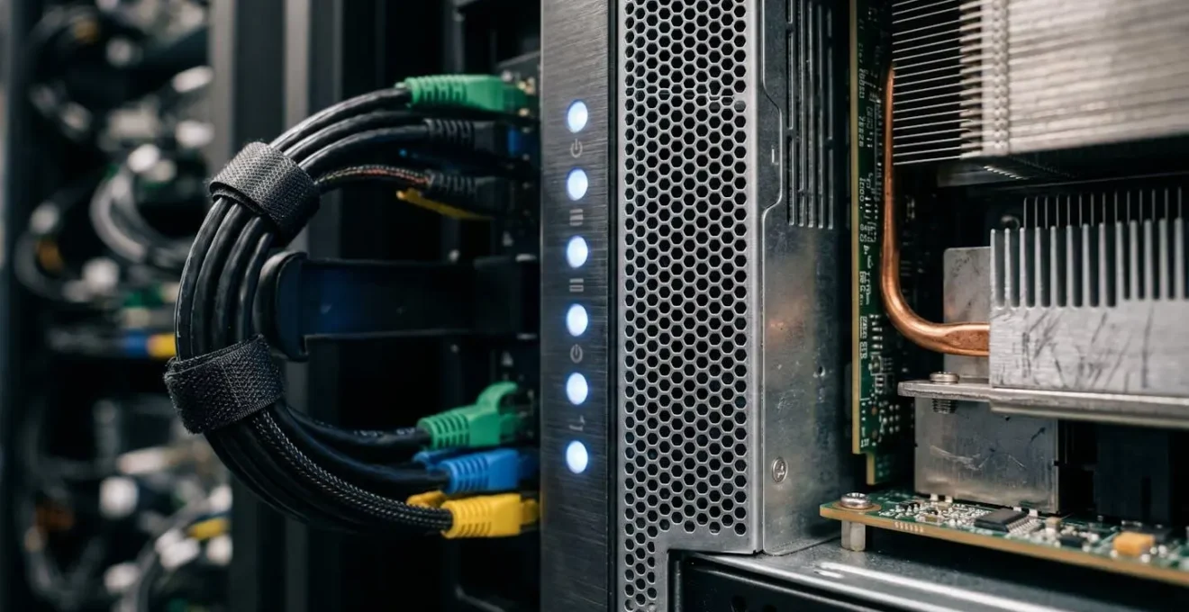 Détail macro d'une infrastructure serveur professionnelle montrant la complexité technique des équipements critiques