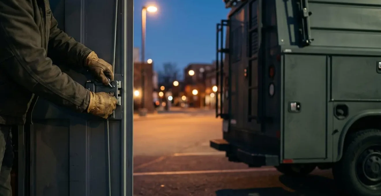 Vue nocturne d'un véhicule utilitaire professionnel sécurisé dans un environnement urbain