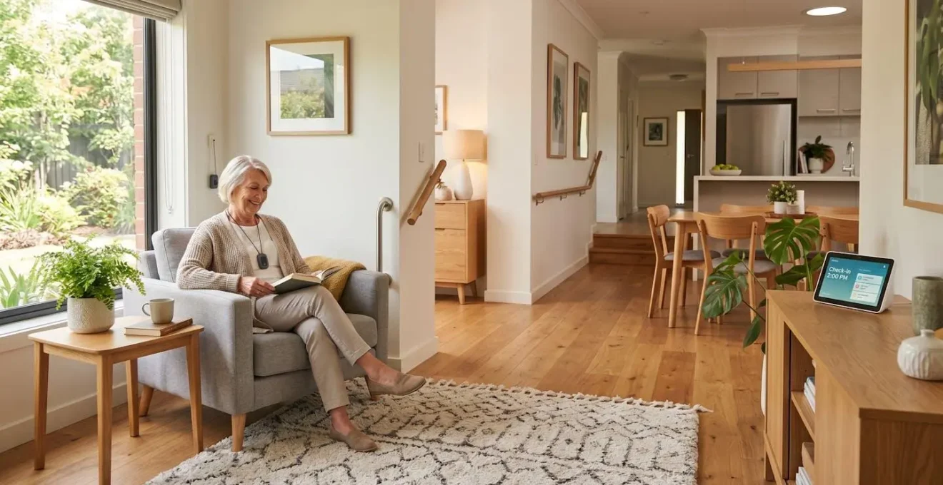 Intérieur moderne et chaleureux avec dispositifs d'assistance discrets pour le maintien à domicile des seniors