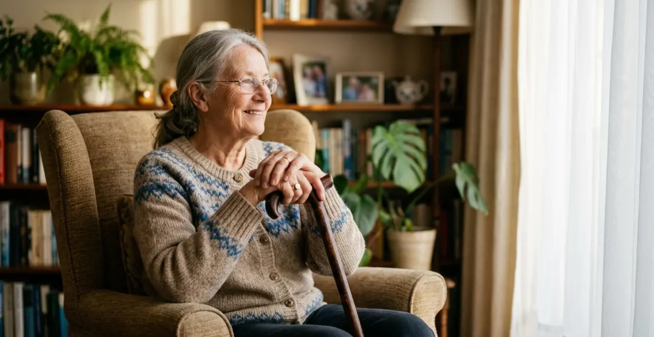 Personne âgée sereine dans son intérieur chaleureux, symbolisant le maintien à domicile grâce aux aides financières