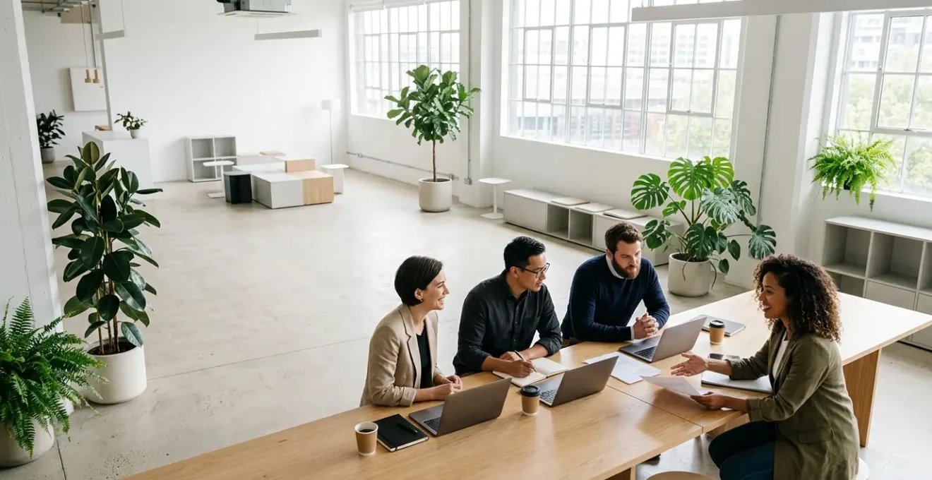 Vue panoramique d'une équipe d'entrepreneurs en discussion stratégique dans un espace de travail temporaire moderne
