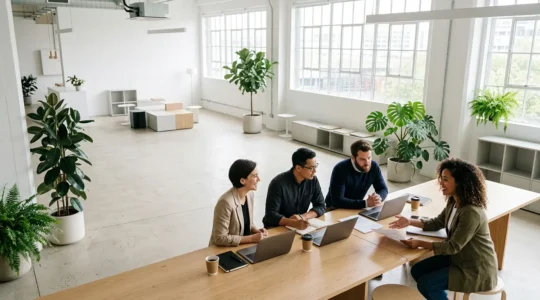 Vue panoramique d'une équipe d'entrepreneurs en discussion stratégique dans un espace de travail temporaire moderne