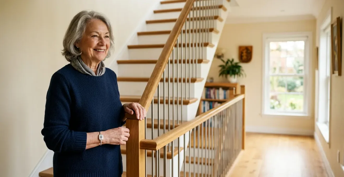 Personne âgée utilisant un dispositif de téléassistance dans un environnement domestique à étages sécurisé