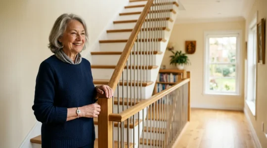 Personne âgée utilisant un dispositif de téléassistance dans un environnement domestique à étages sécurisé