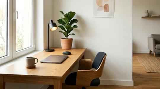 Espace de travail à domicile avec équipements professionnels dans un environnement résidentiel moderne