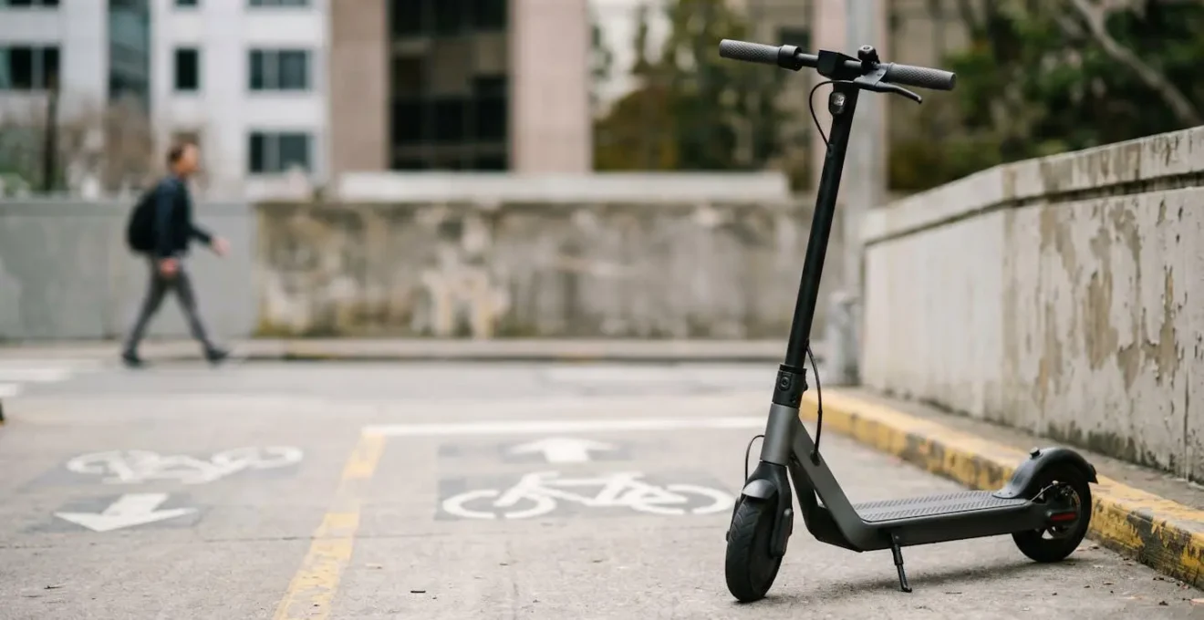 Trottinette électrique garée dans environnement urbain moderne avec accessoires de sécurité