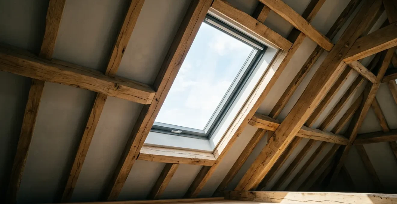 Fenêtre de toit ouverte sur une charpente rénovée avec lumière naturelle traversant l'intérieur