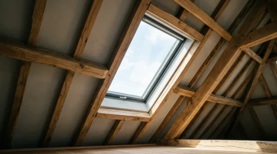 Fenêtre de toit ouverte sur une charpente rénovée avec lumière naturelle traversant l'intérieur