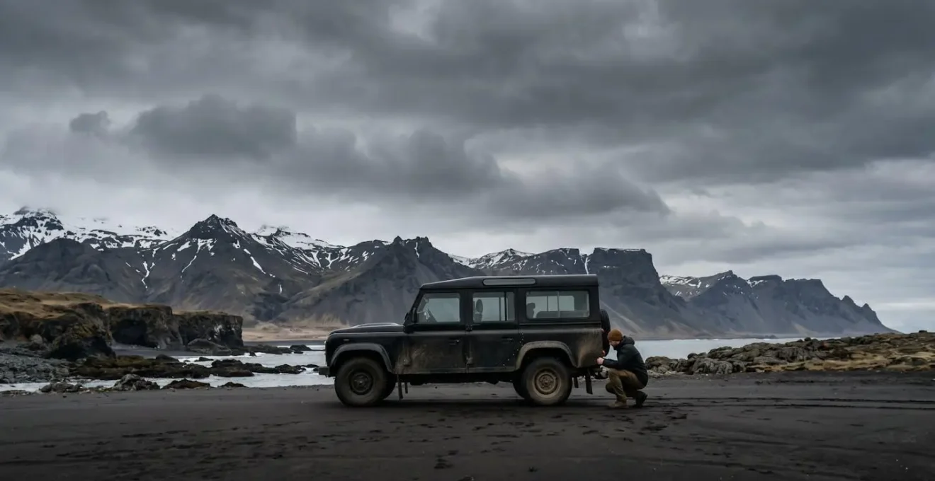 Inspection minutieuse d'un véhicule 4x4 avant départ sur route islandaise, illustrant la nécessité de vérifications préalables